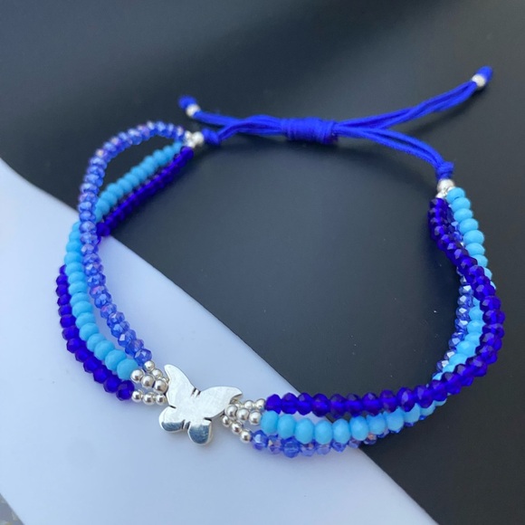 925 Sterling Silver Blue Thread  Butterfly Adjustable Three Layer Bracelet - Picture 8 of 13